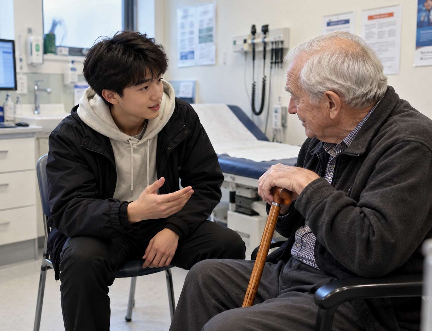A friendly volunteer speaking with an older community member